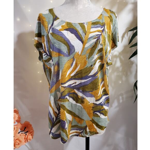 Rachel Zoe Womens 100% Linen Scoop Neck Short Sleeve Top Size XL Artsy Abstract - Picture 1 of 8